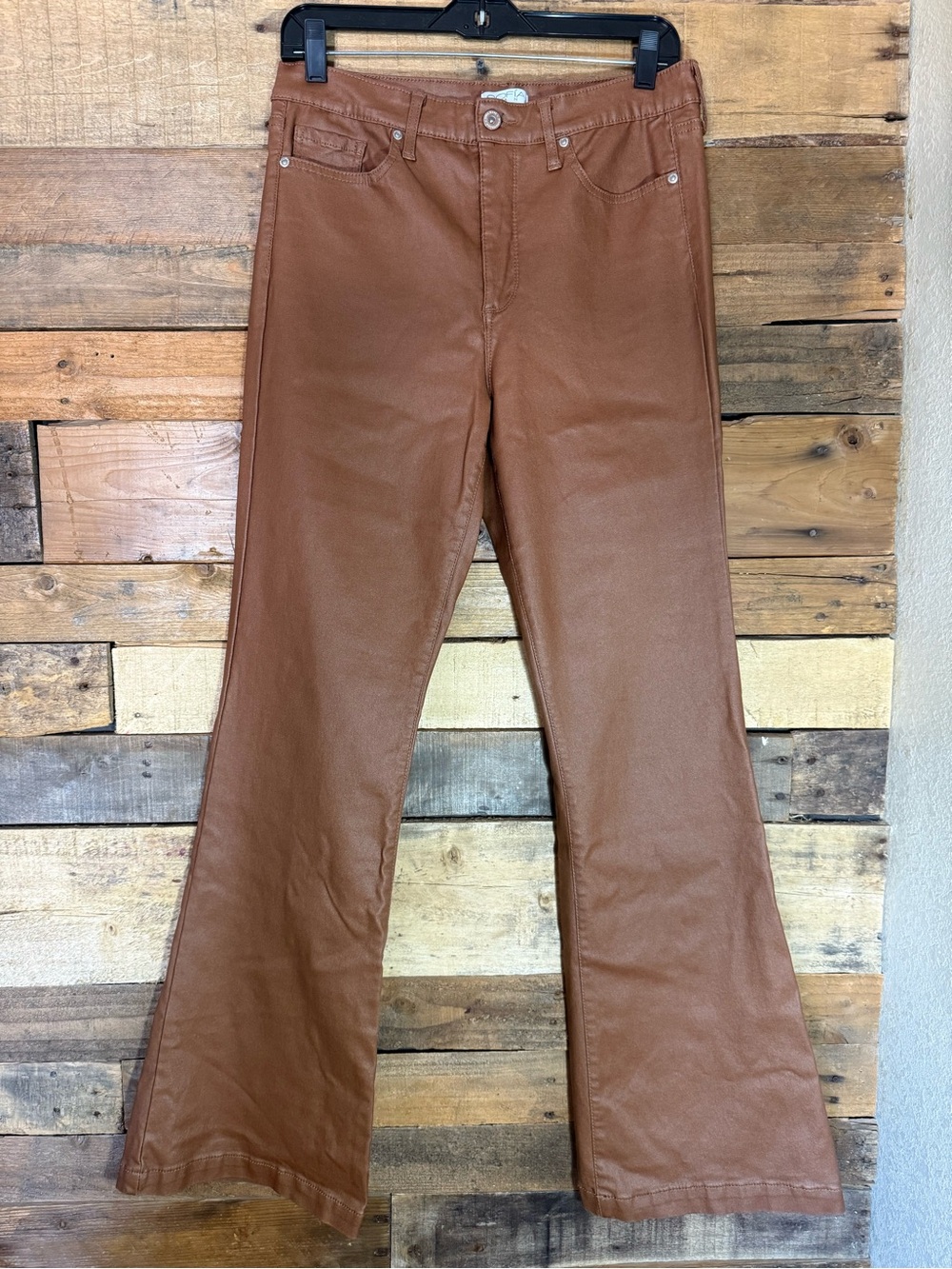 Sofia Vergara Caramel Brown Melisa Flare Faux Leather Pants Coated Stretch  12